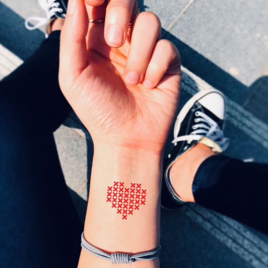 fake small cross stitch heart embroidery color temporary tattoo sticker design idea on wrist
