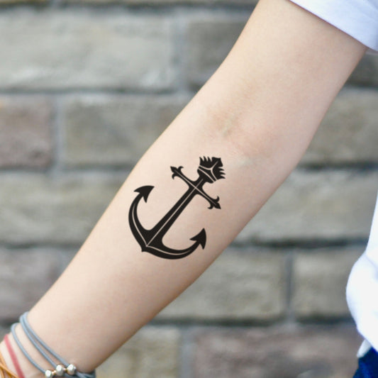 fake small crown and anchor Minimalist temporary tattoo sticker design idea on inner arm