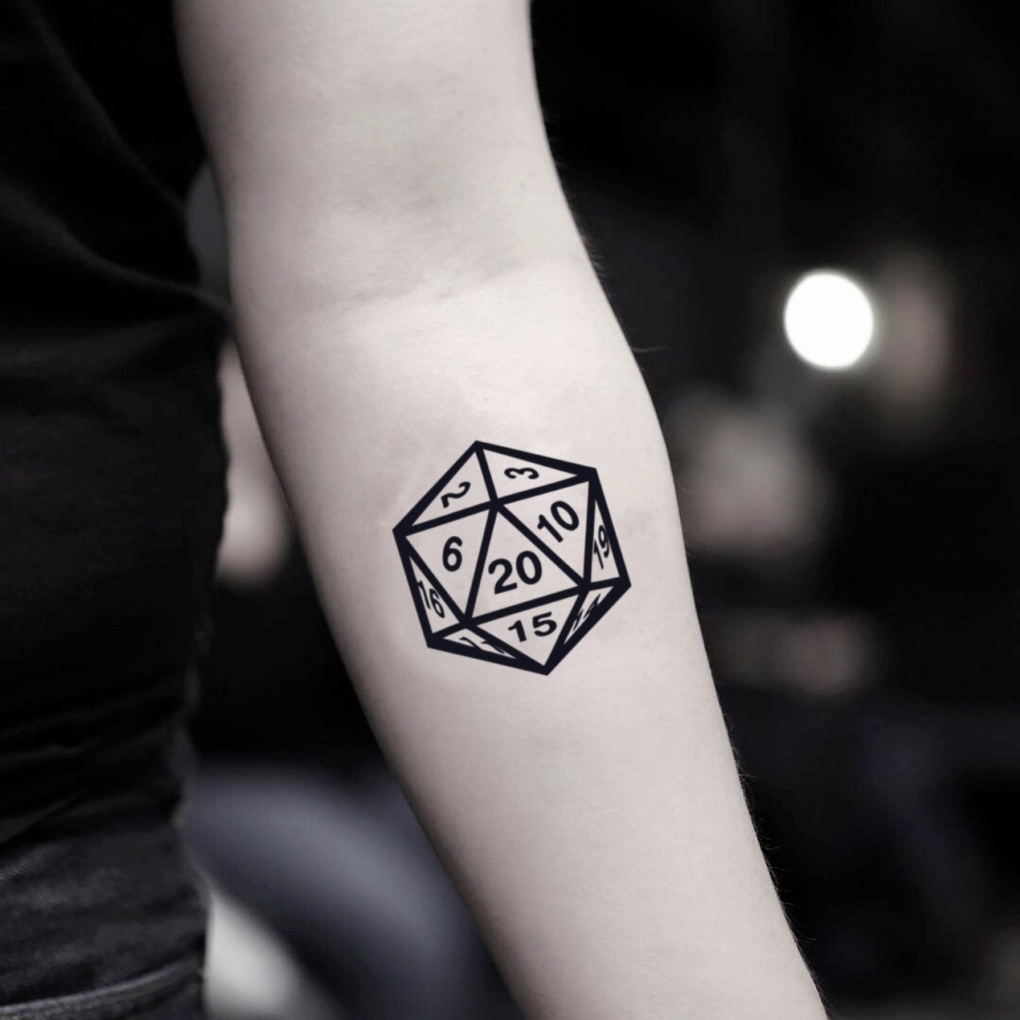 fake small d20 d&d dungeons and dragons geometric temporary tattoo sticker design idea on inner arm