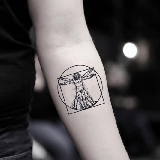 fake small leonardo da vinci classical physics art history illustrative temporary tattoo sticker design idea on inner arm