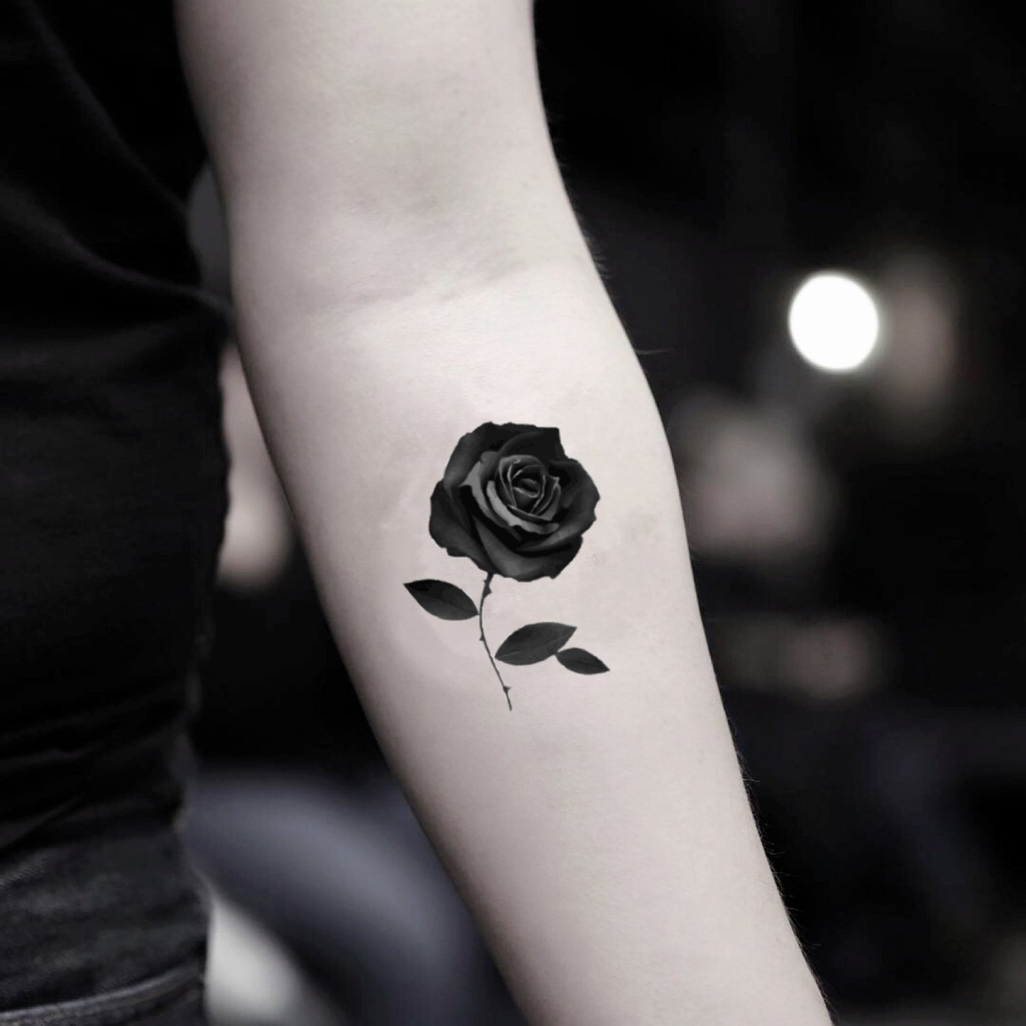 fake small dark rose black flower temporary tattoo sticker design idea on inner arm
