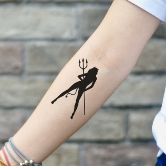 fake small devil girl Illustrative temporary tattoo sticker design idea on inner arm