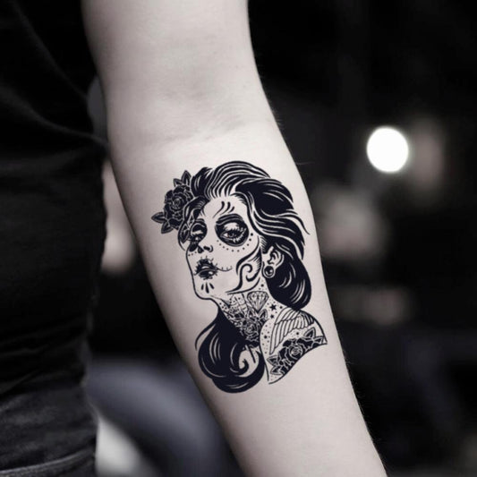 fake small dia de los muertos chicano art cinco de mayo la catrina muerte lady living death dead face payasa demon gangsta gangster mexican girl woman hispanic illustrative temporary tattoo sticker design idea on inner arm