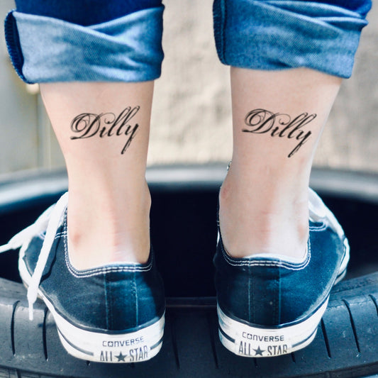 fake small dilly dilly Lettering temporary tattoo sticker design idea on ankle