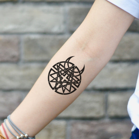 fake small disturbed Geometric temporary tattoo sticker design idea on inner arm