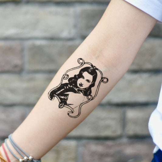 fake small dita von teese Portrait temporary tattoo sticker design idea on inner arm