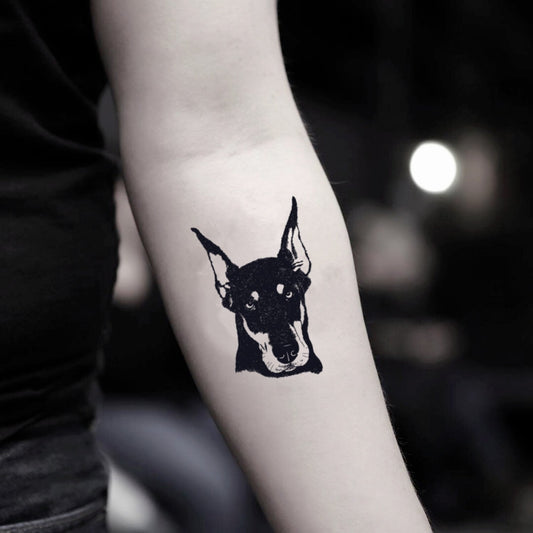 fake small doberman animal temporary tattoo sticker design idea on inner arm