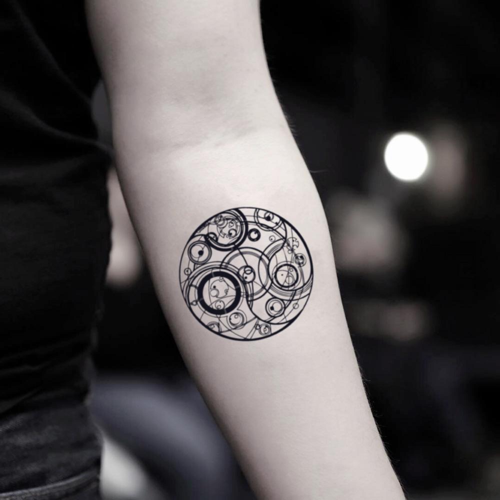 fake small gallifreyan doctor who geometric temporary tattoo sticker design idea on inner arm