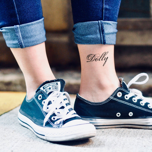 fake small dolly name Lettering temporary tattoo sticker design idea on ankle