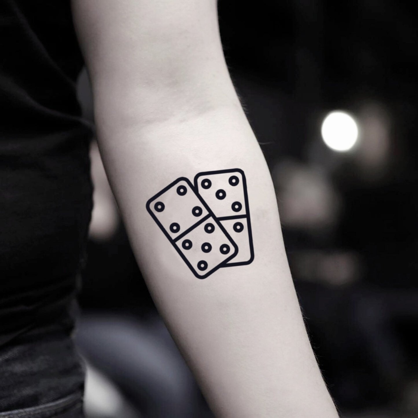 fake small domino minimalist temporary tattoo sticker design idea on inner arm