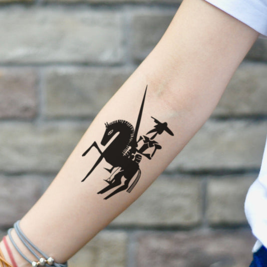 fake small don quixote Illustrative temporary tattoo sticker design idea on inner arm