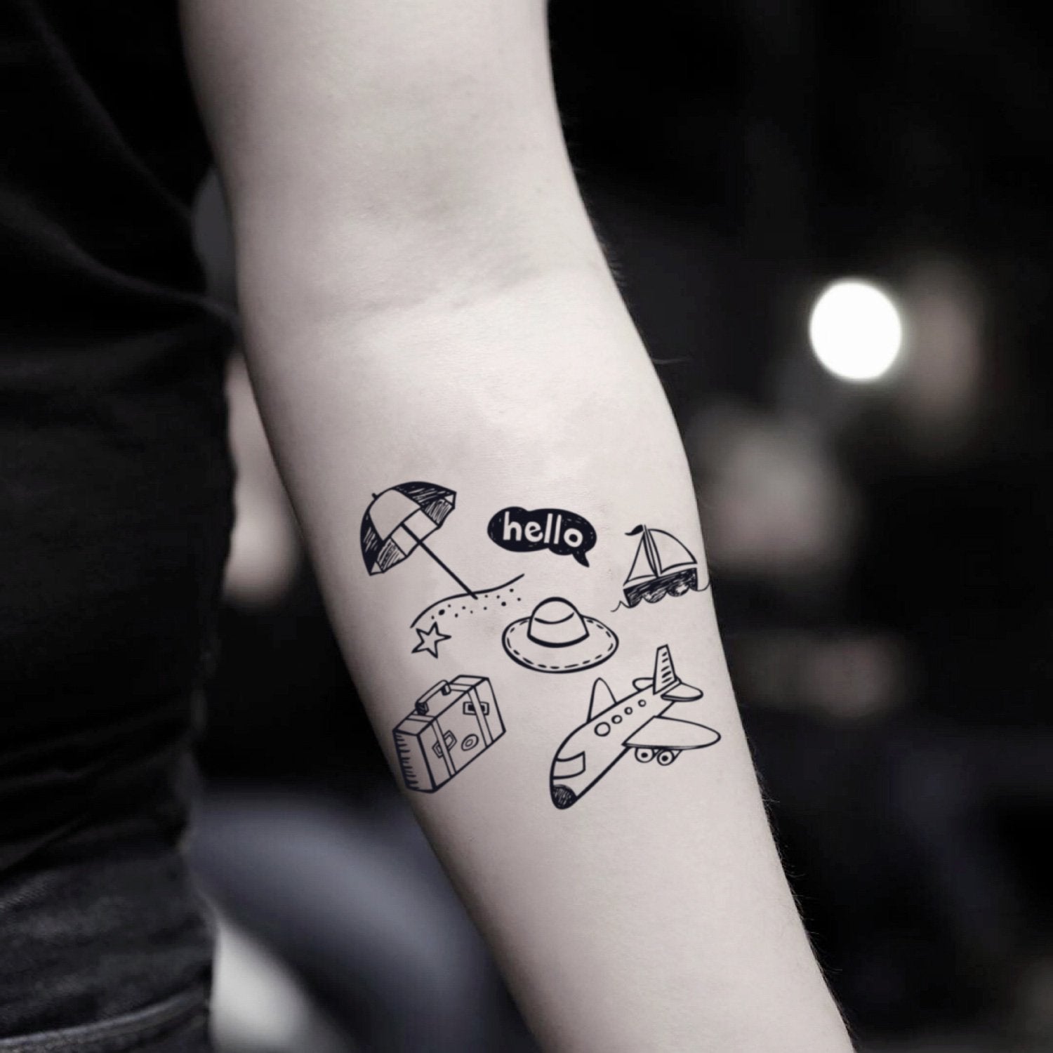 fake small doodle sleeve illustrative temporary tattoo sticker design idea on inner arm