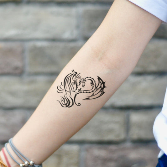 fake small dragon and phoenix Illustrative temporary tattoo sticker design idea on inner arm