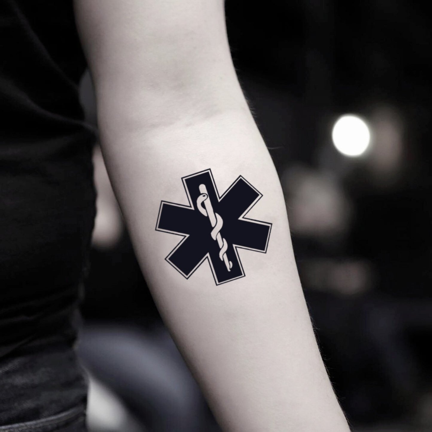 fake small star of life emt ems first responder illustrative temporary tattoo sticker design idea on inner arm