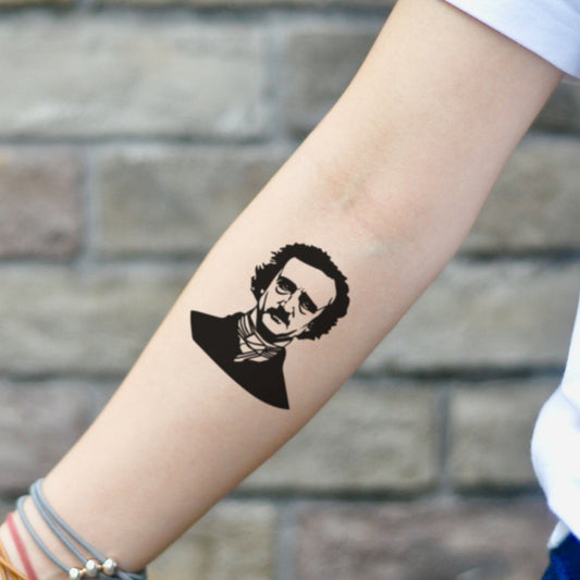 fake small edgar allan poe Portrait temporary tattoo sticker design idea on inner arm