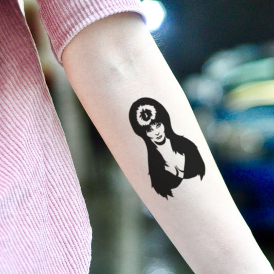 fake small elvira mistress of the dark portrait temporary tattoo sticker design idea on inner arm
