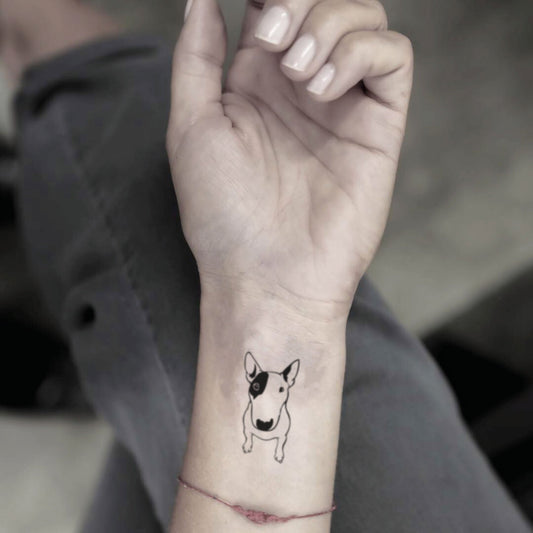 fake small english bull terrier dog animal temporary tattoo sticker design idea on wrist
