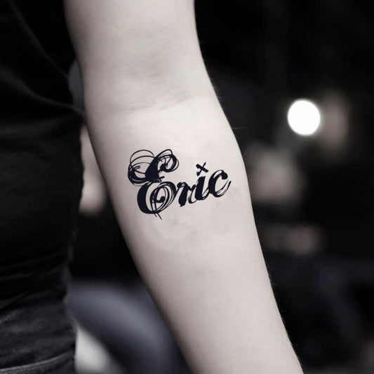 fake small eric lettering temporary tattoo sticker design idea on inner arm