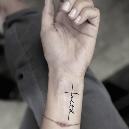 fake small holy faith cross quote religious symbol lettering temporary tattoo sticker design idea on wrist