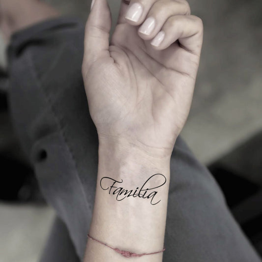 fake small familia lettering temporary tattoo sticker design idea on wrist