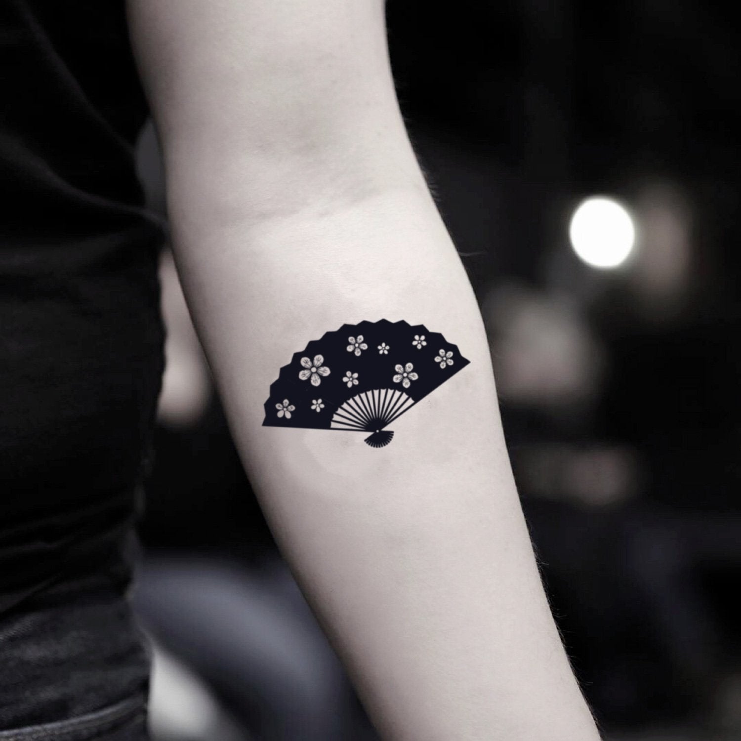 fake small japanese fan illustrative temporary tattoo sticker design idea on inner arm