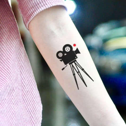 fake small film camera old cinema movie illustrative temporary tattoo sticker design idea on inner arm