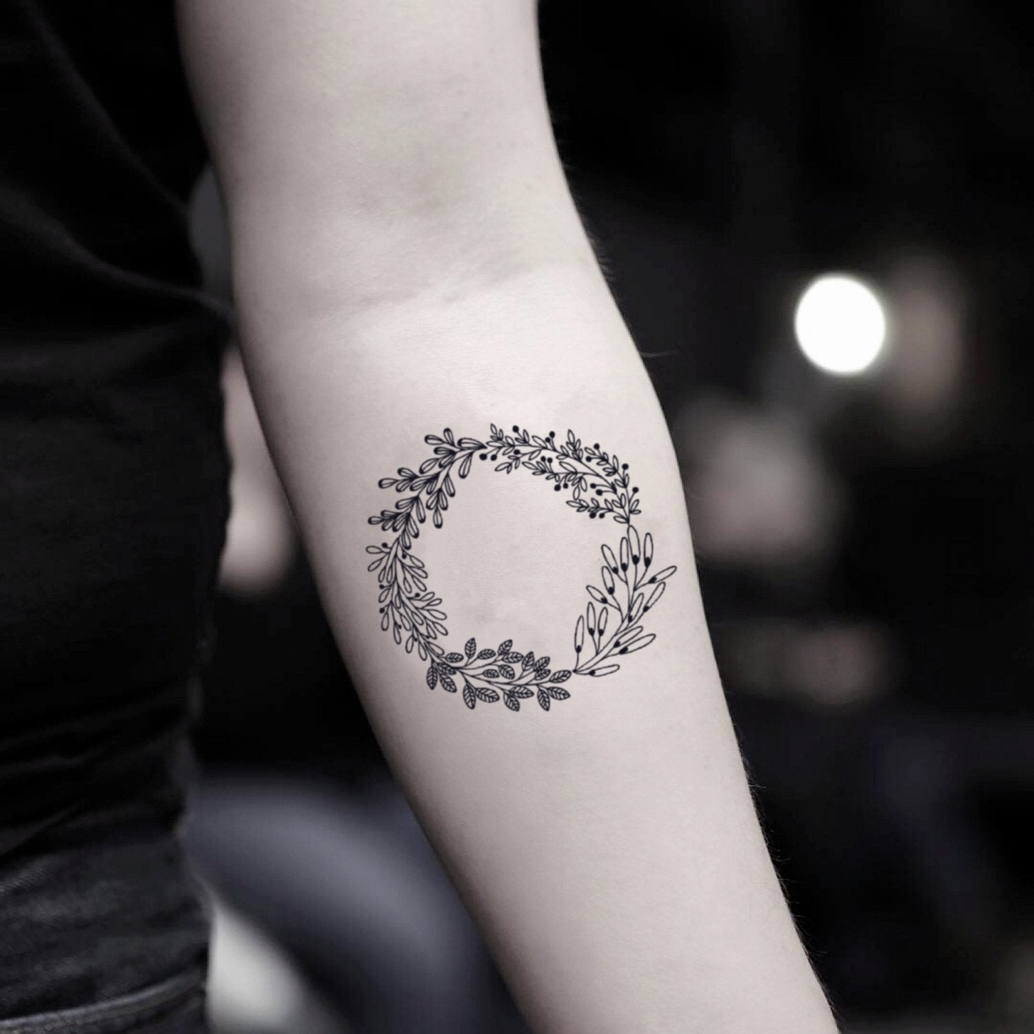 fake small flower circle garland crown temporary tattoo sticker design idea on inner arm