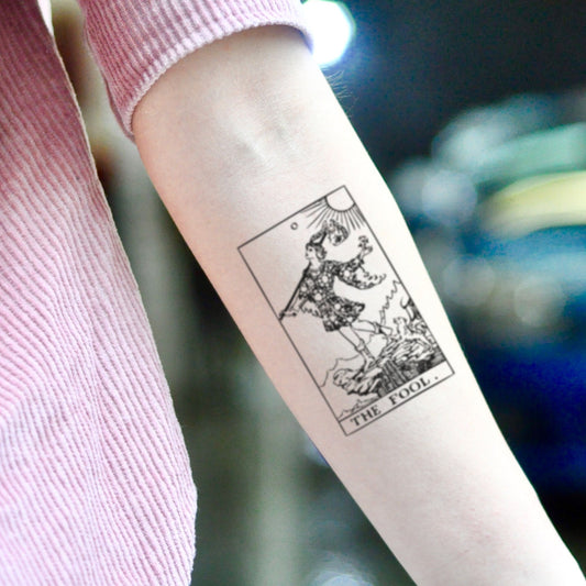 fake small fool tarot illustrative temporary tattoo sticker design idea on inner arm