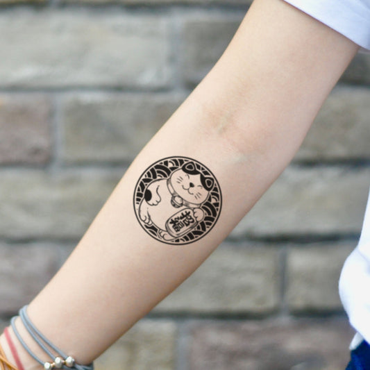 fake small fortune lucky cat maneki neko illustrative temporary tattoo sticker design idea on inner arm