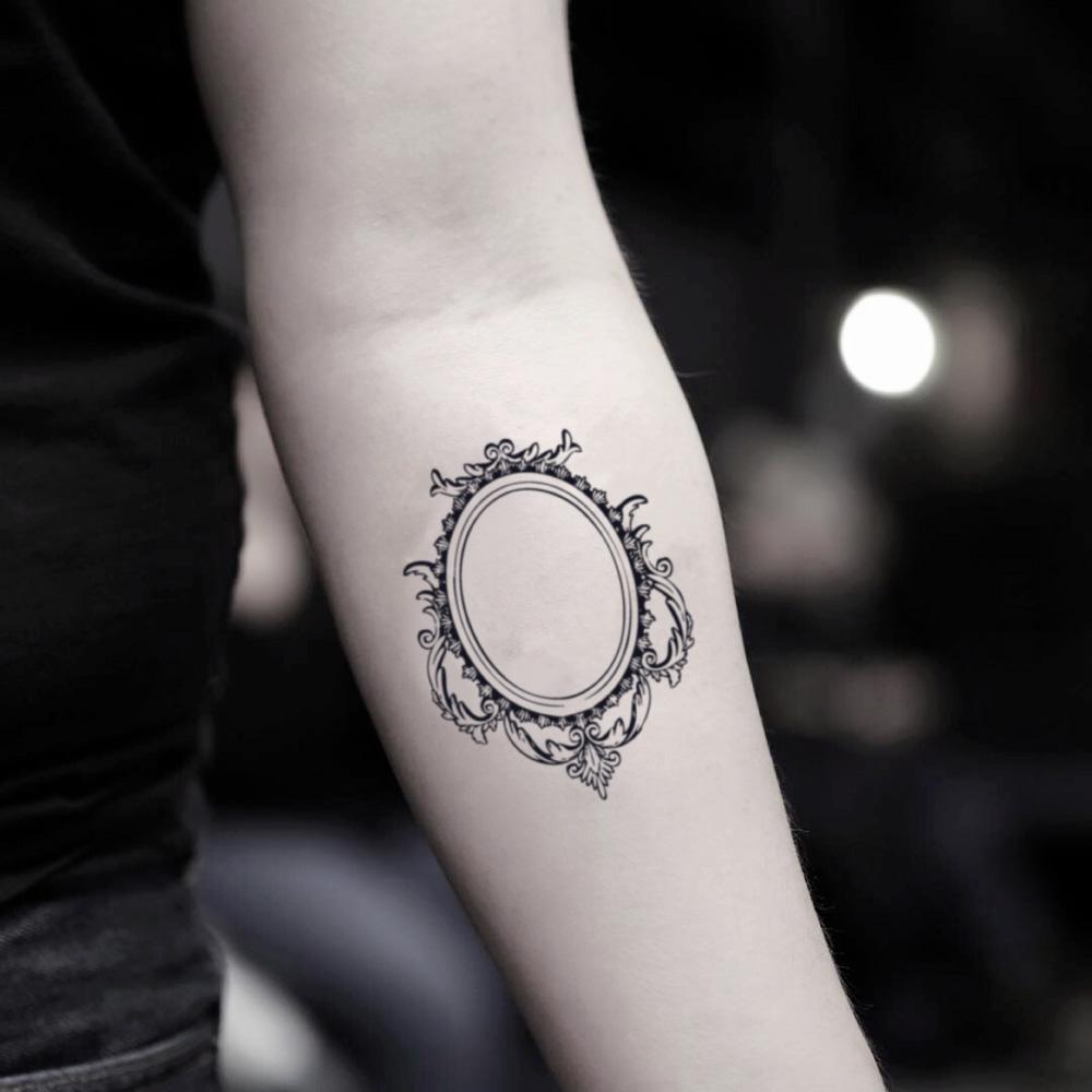 fake small picture frame mirror image vintage temporary tattoo sticker design idea on inner arm