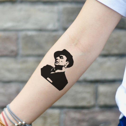 fake small frank sinatra portrait temporary tattoo sticker design idea on inner arm