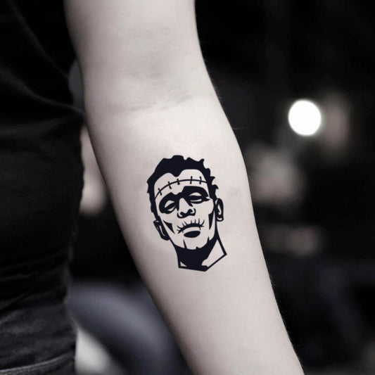 fake small frankenstein cartoon temporary tattoo sticker design idea on inner arm