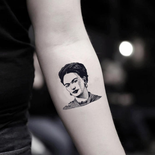 fake small frida kahlo portrait temporary tattoo sticker design idea on inner arm
