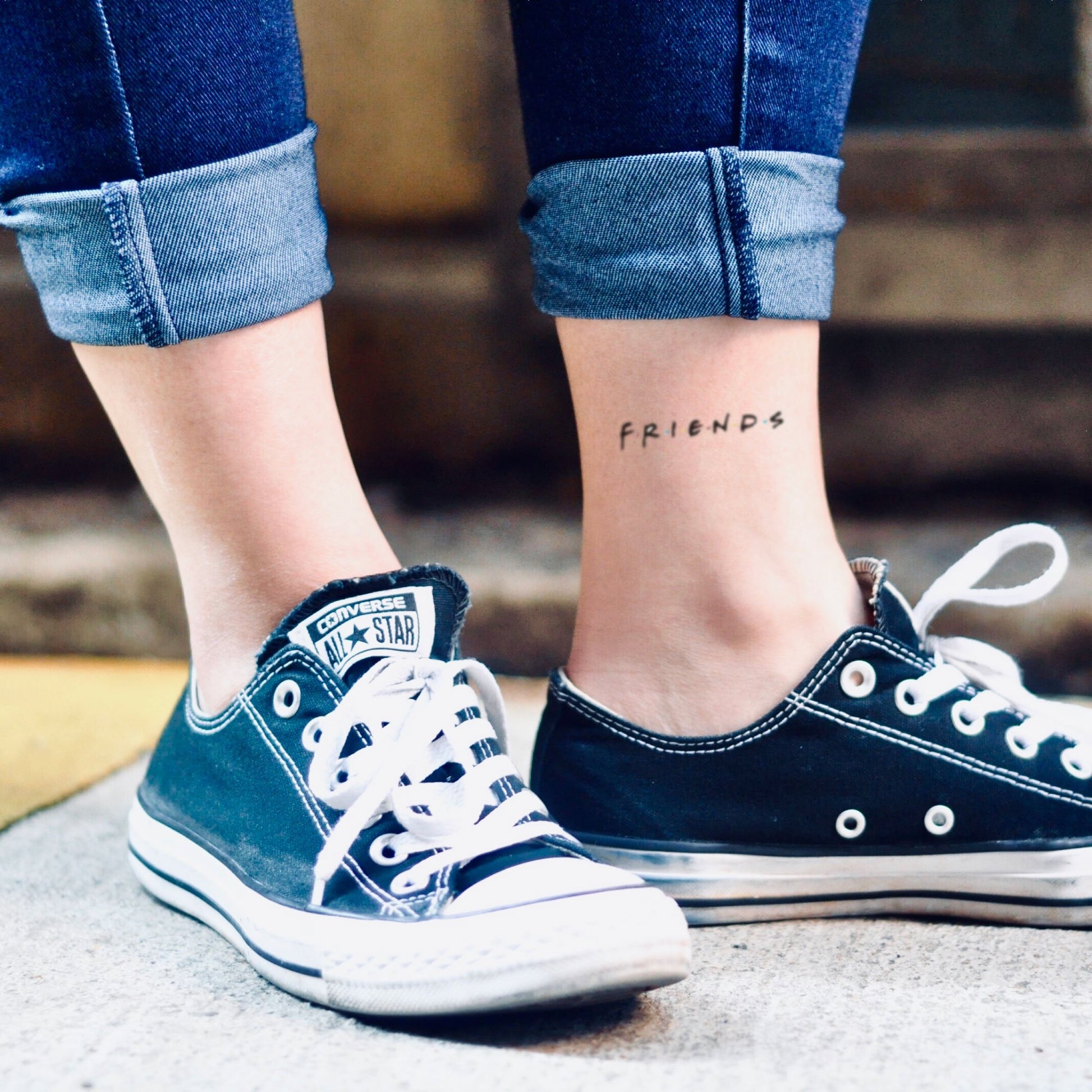 fake small friends tv show lettering temporary tattoo sticker design idea on ankle