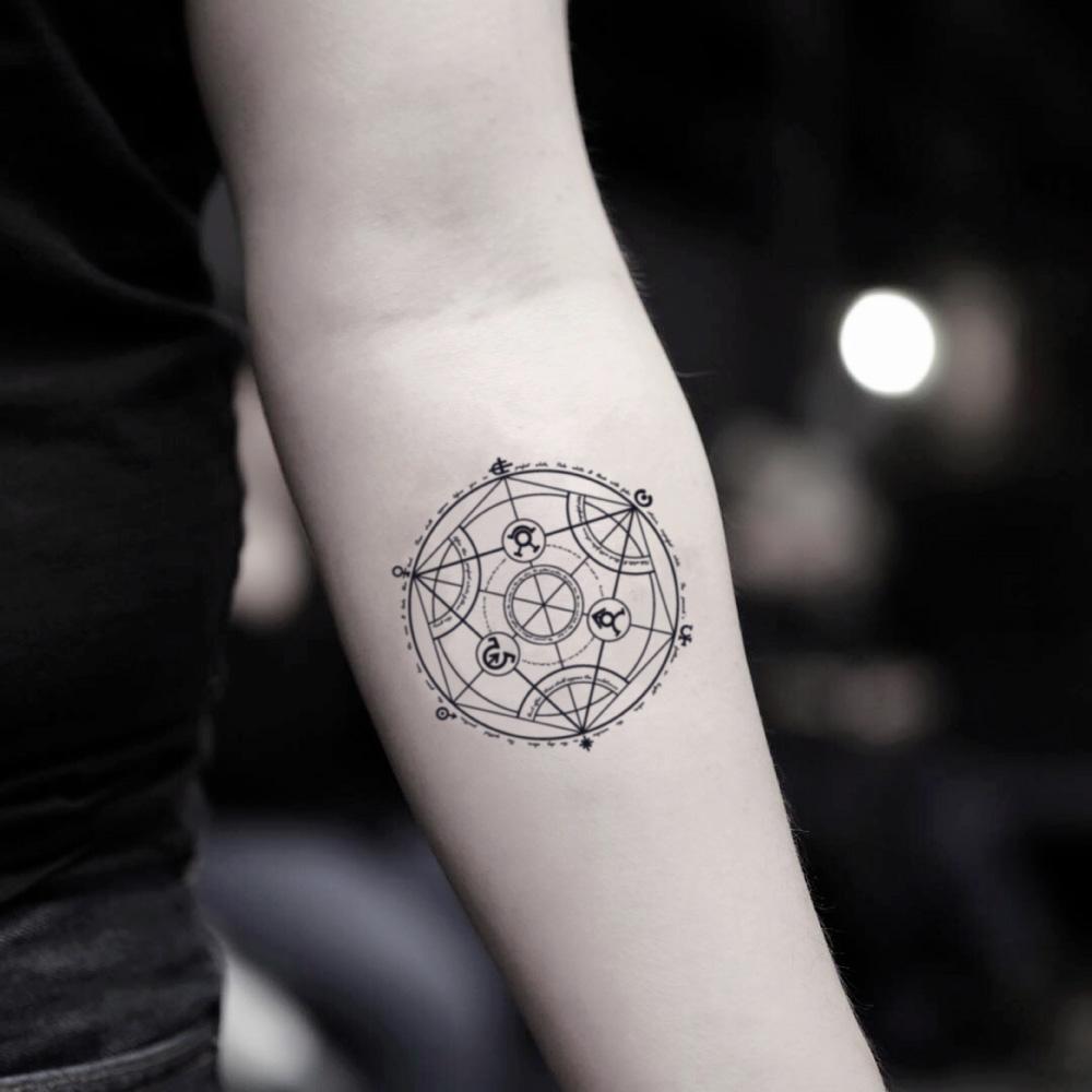 fake small fullmetal alchemist fma transmutation circle brotherhood geometric temporary tattoo sticker design idea on inner arm