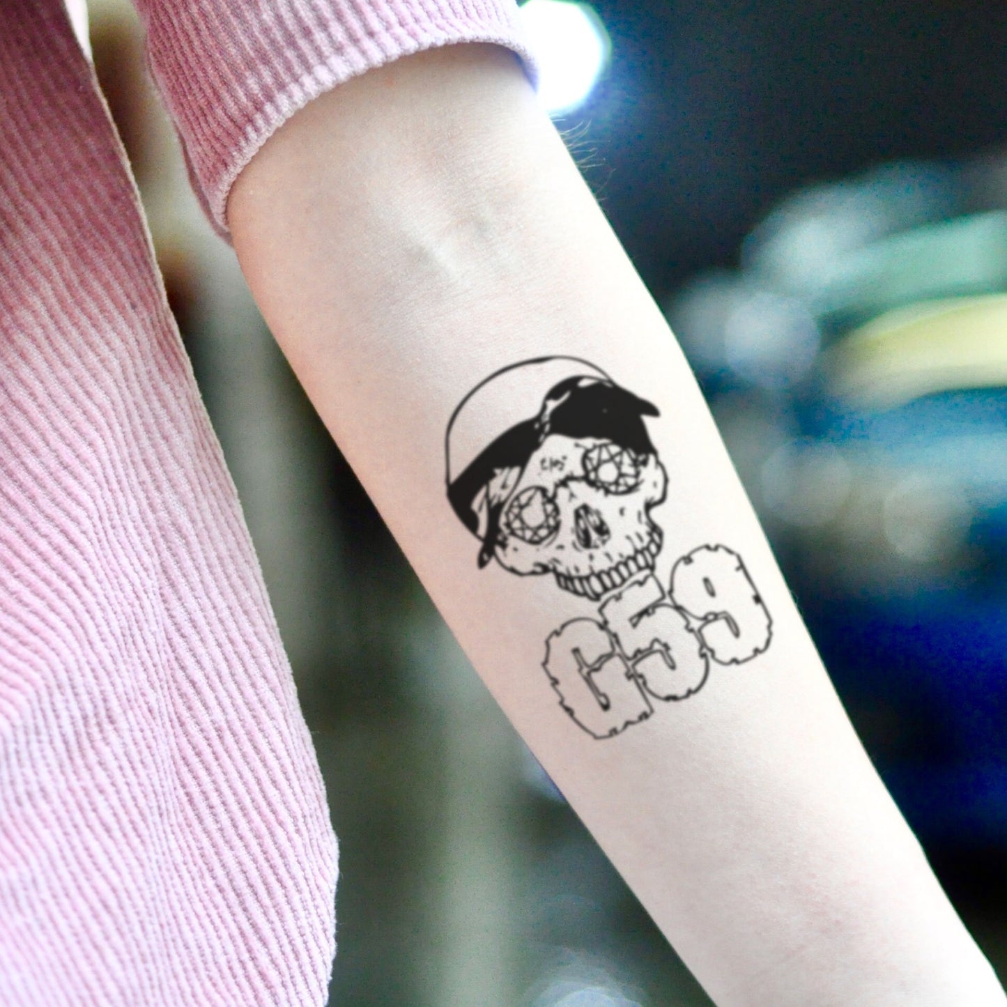 fake small g59 illustrative temporary tattoo sticker design idea on inner arm