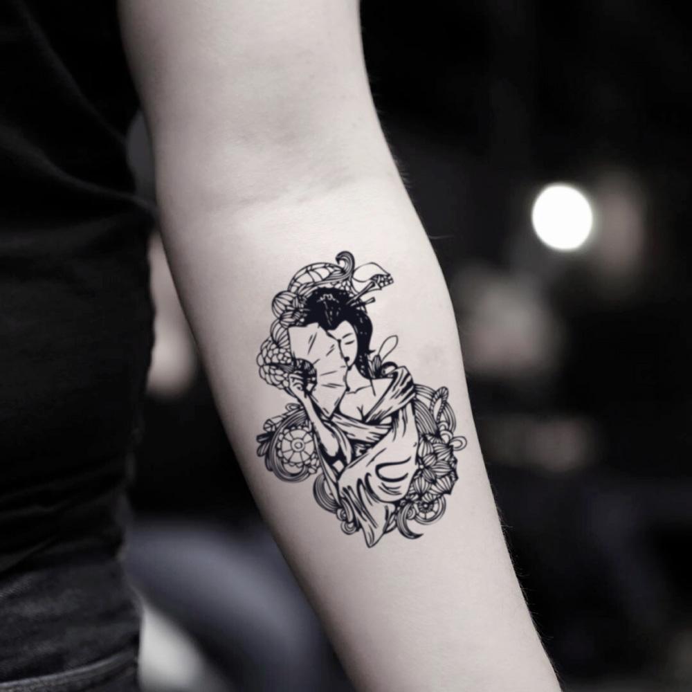 fake small geisha japanese woman illustrative temporary tattoo sticker design idea on inner arm
