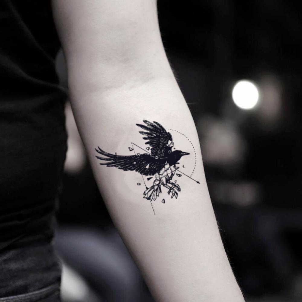 fake small geo raven black crow cuervo blackbird transition animal temporary tattoo sticker design idea on inner arm