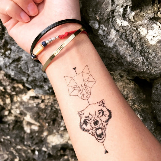 fake small geometric baby wolf werewolf head spirit animal temporary tattoo sticker design idea on wrist