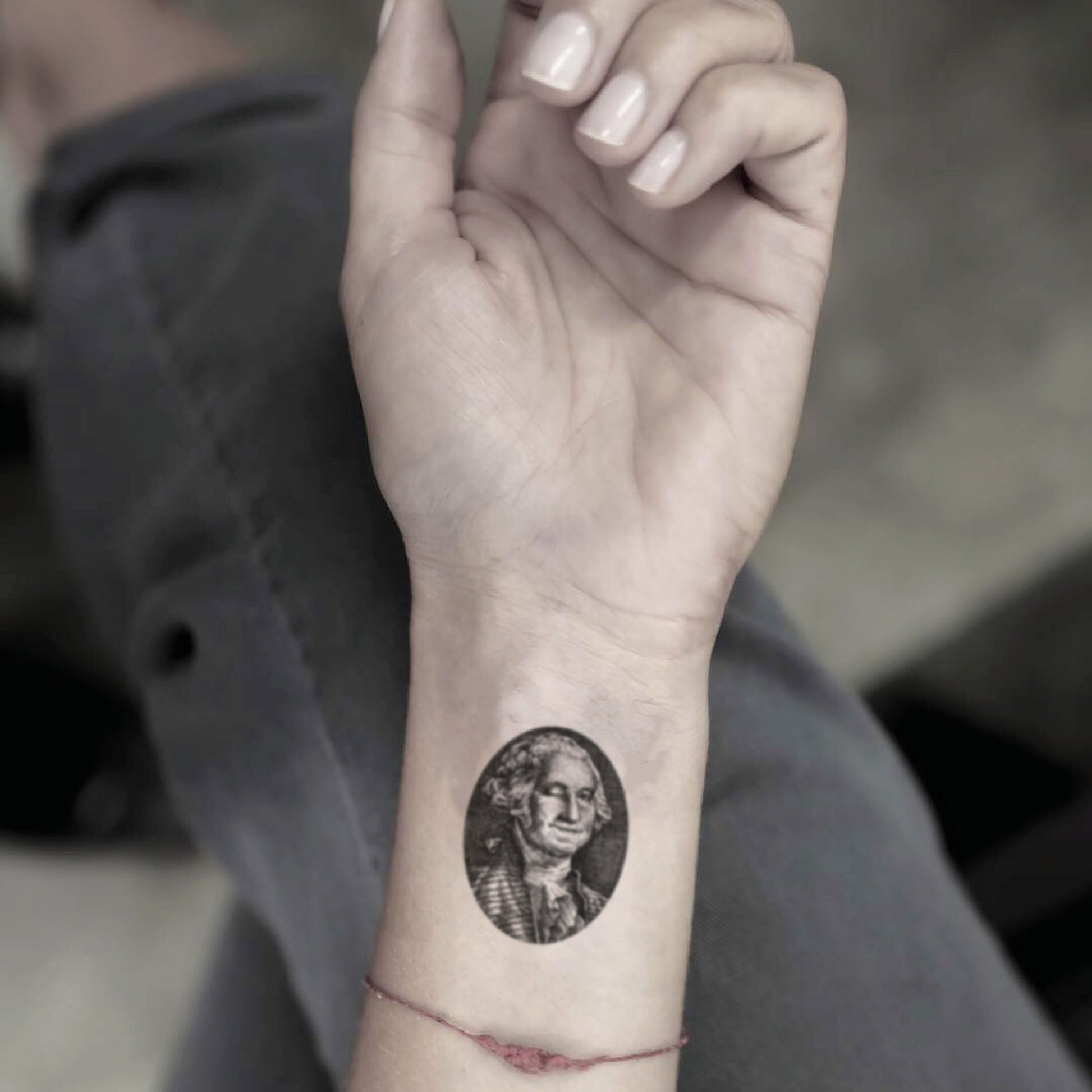 fake small george washington portrait temporary tattoo sticker design idea on wrist