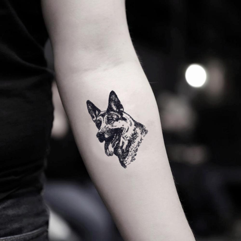 fake small german shepherd animal temporary tattoo sticker design idea on inner arm