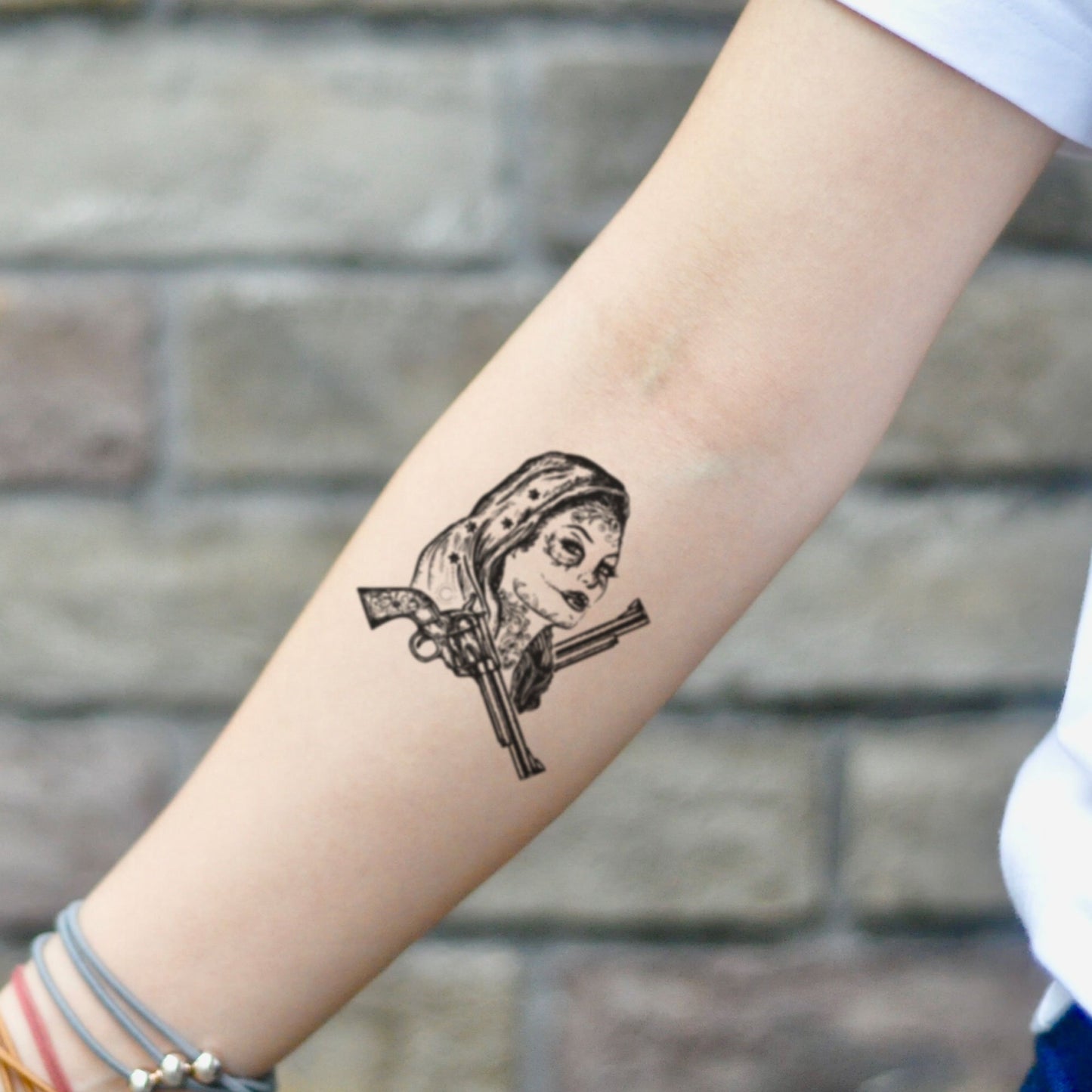 fake small girl with gun chicano gangster illustrative temporary tattoo sticker design idea on inner arm
