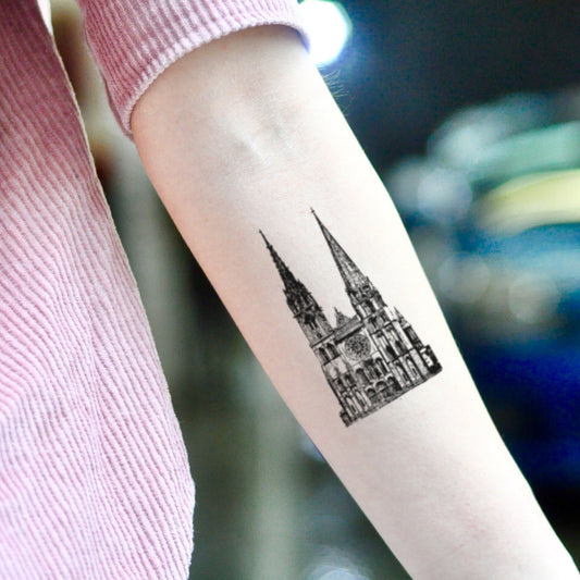 fake small gothic style cathedral church illustrative temporary tattoo sticker design idea on inner arm