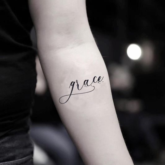 fake small grace lettering temporary tattoo sticker design idea on inner arm