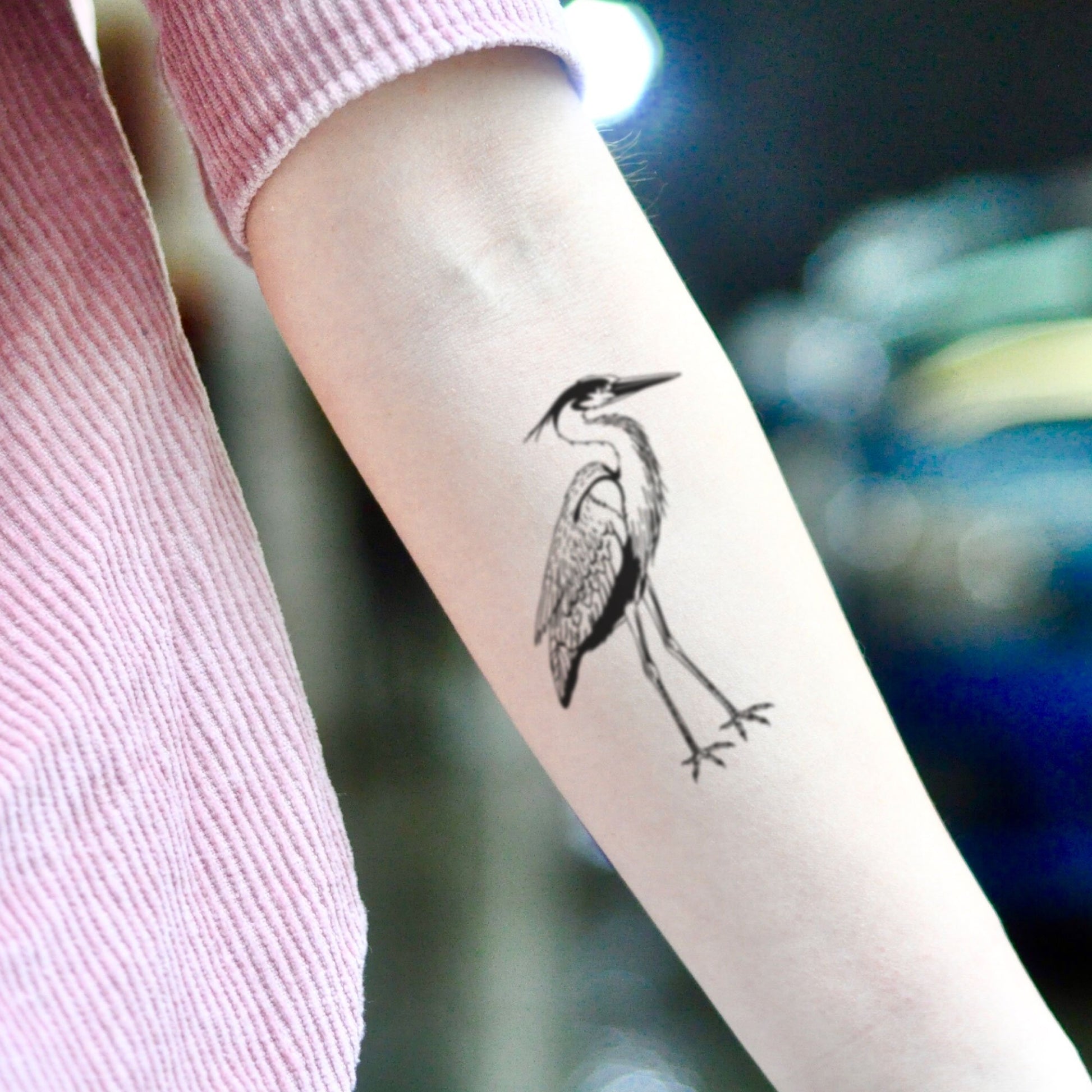 fake small great blue heron animal temporary tattoo sticker design idea on inner arm