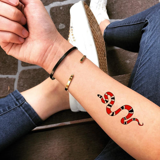 fake small gucci coral red snake animal color temporary tattoo sticker design idea on forearm