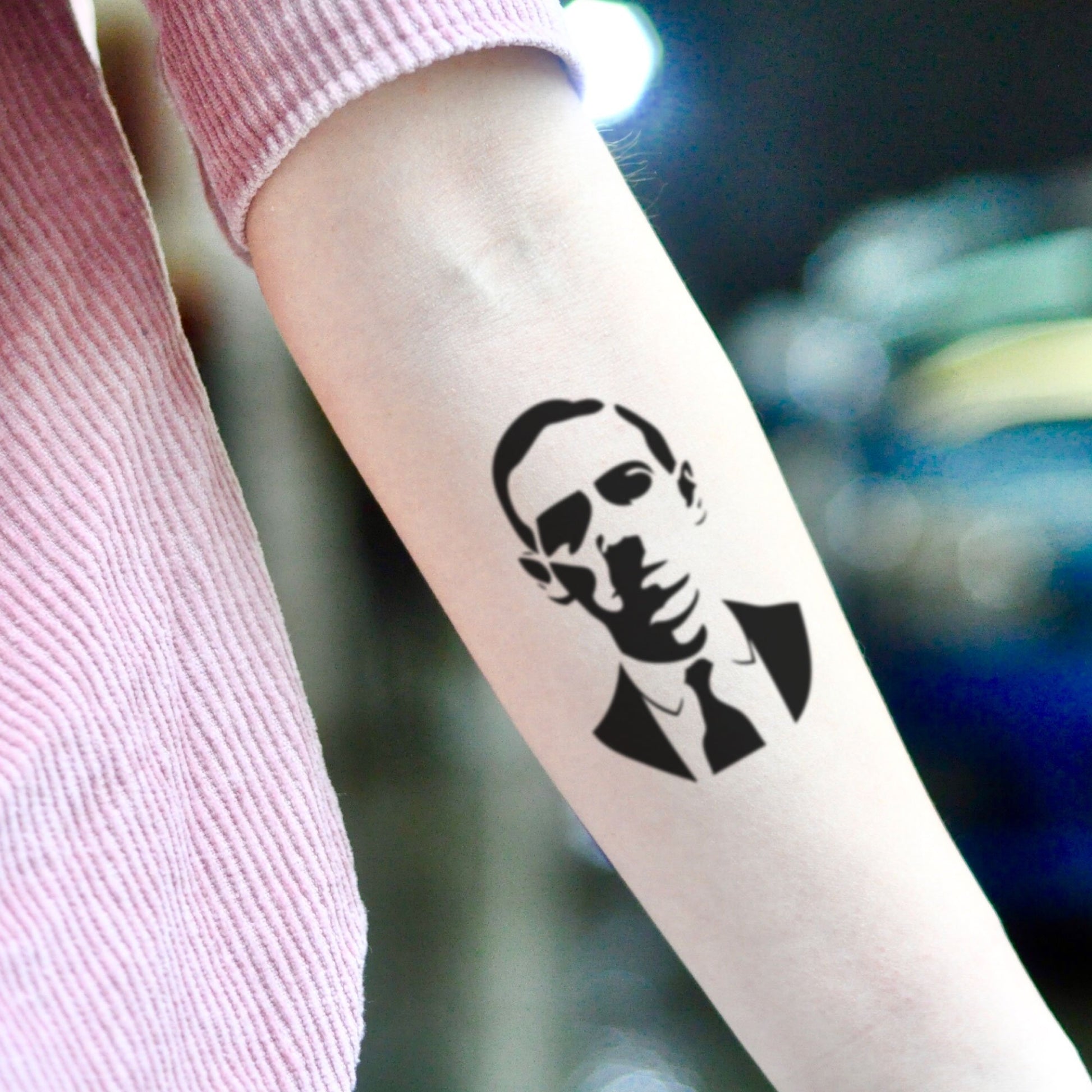 fake small h.p. lovecraft portrait temporary tattoo sticker design idea on inner arm