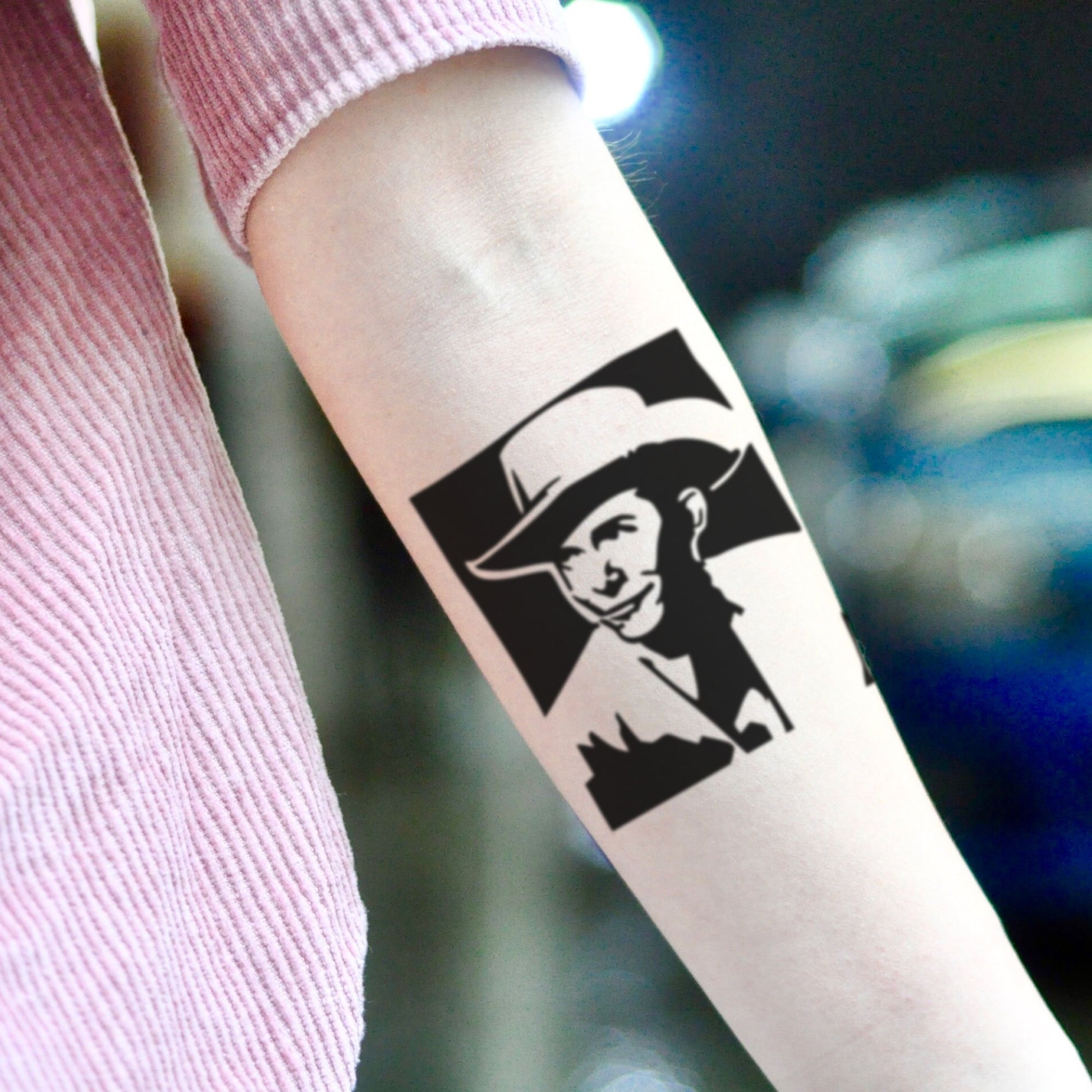 fake small hank williams sr. portrait temporary tattoo sticker design idea on inner arm