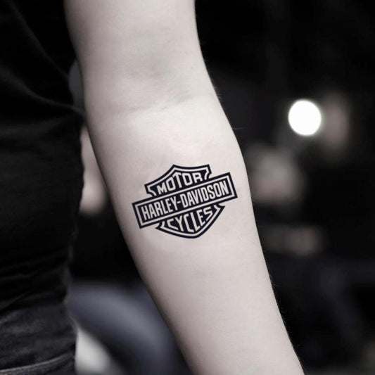 fake small harley davidson logo lettering temporary tattoo sticker design idea on inner arm