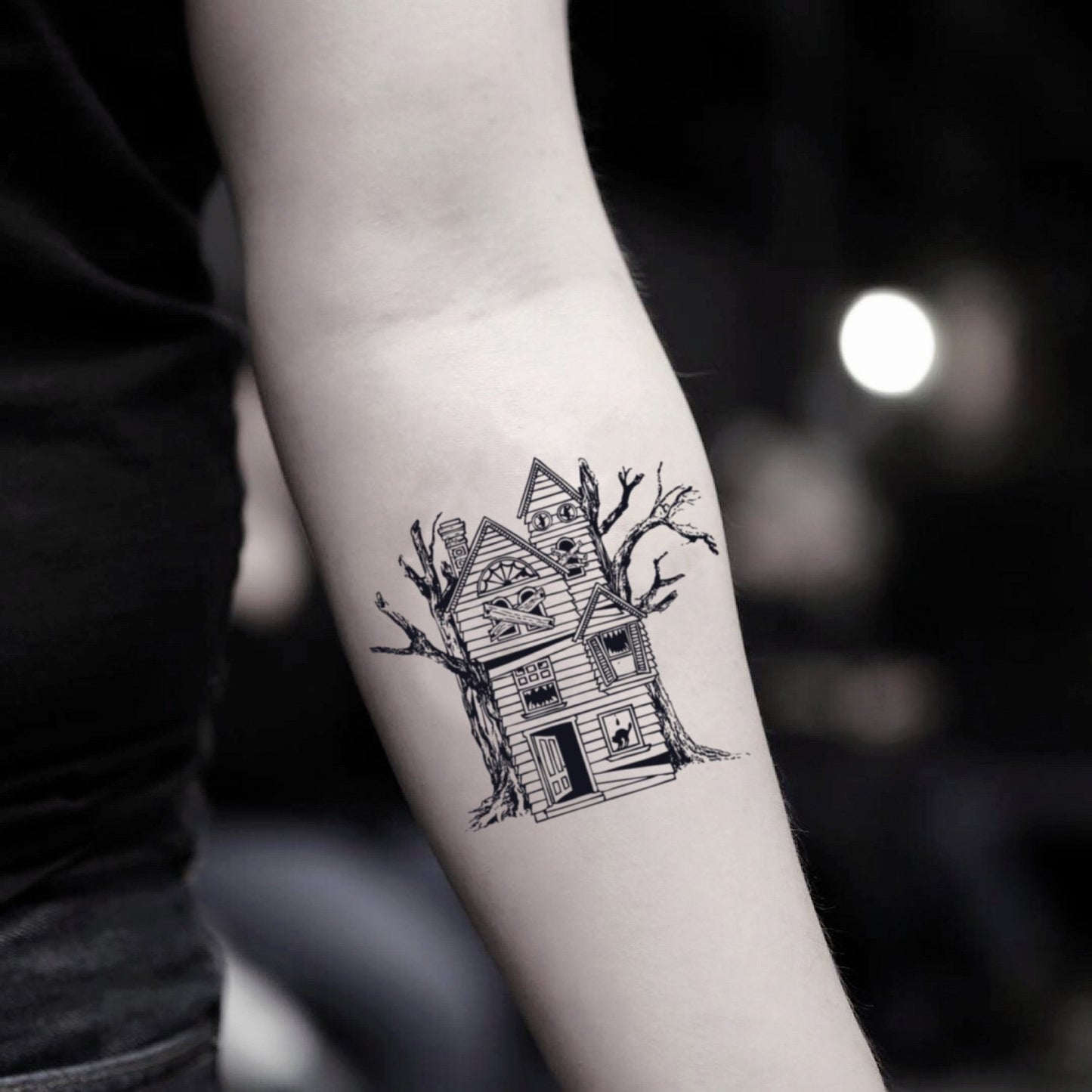 fake small haunted witch house mansion illustrative temporary tattoo sticker design idea on inner arm